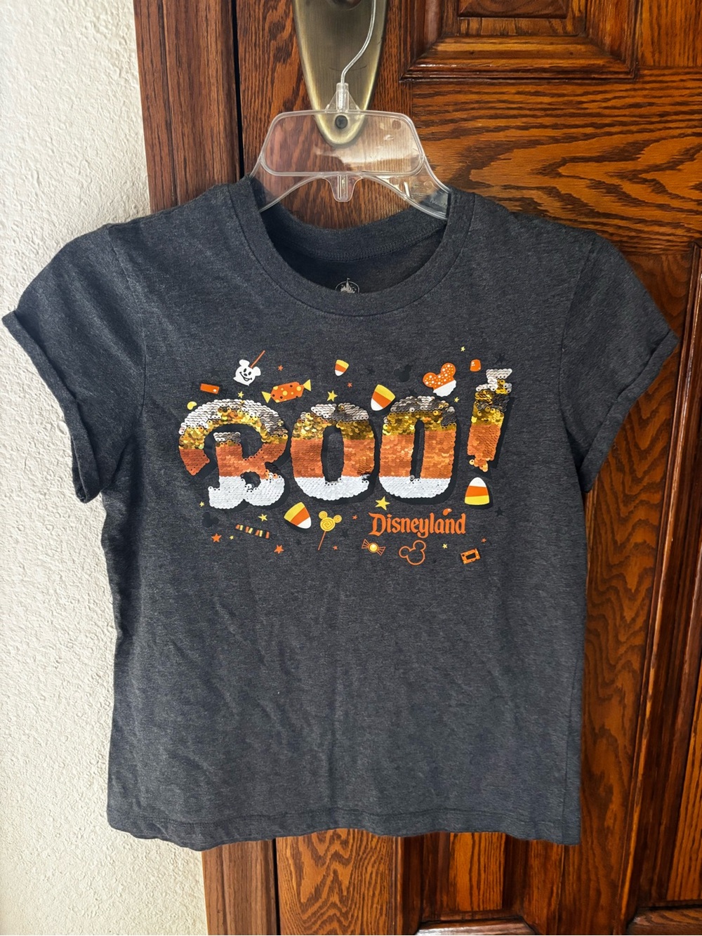 Disney Charcoal Gray 'BOO!' Sequin Halloween Tee with Orange and White Accents